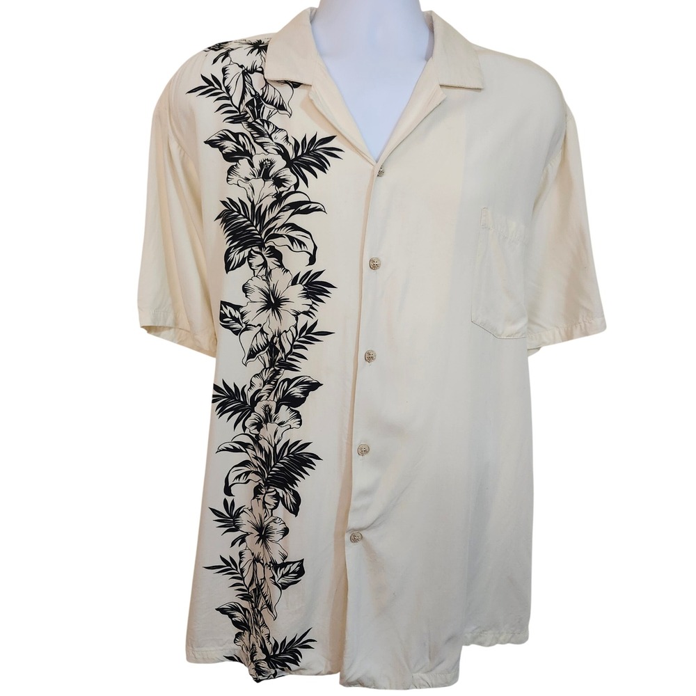 Vtg Paradise Found Mens XXL Cream Black Floral Print Tropical Shirt Hawaii Made